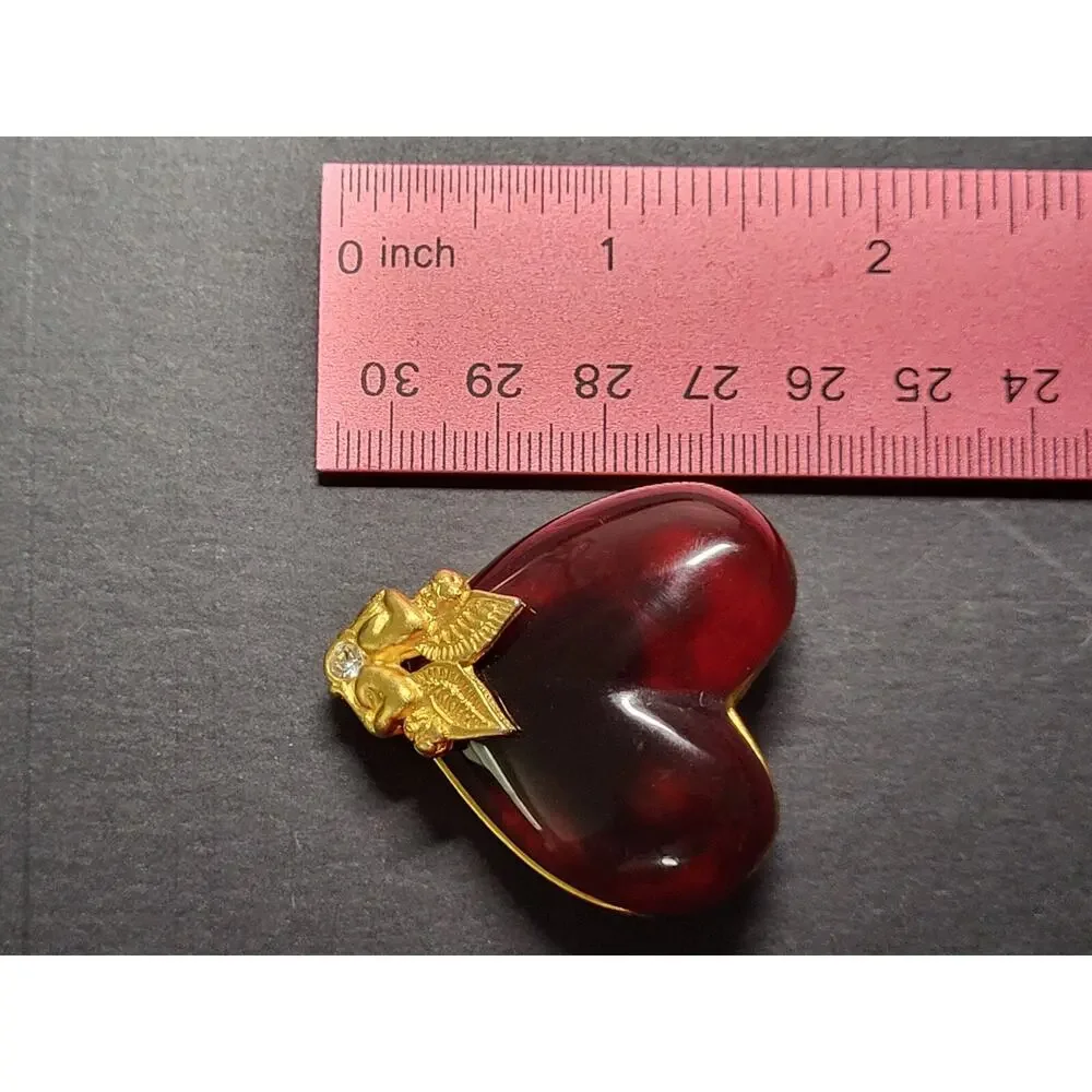 Givenchy Vintage Guardian Angel Cherub Red Lucid Heart Pin Brooch Gold Tone RARE